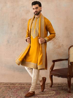 Mens mustard silk blend solid embroidered kurta with dupatta 3