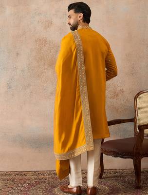 Mens mustard silk blend solid embroidered kurta with dupatta 4
