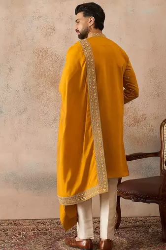 Mens mustard silk blend solid embroidered kurta with dupatta