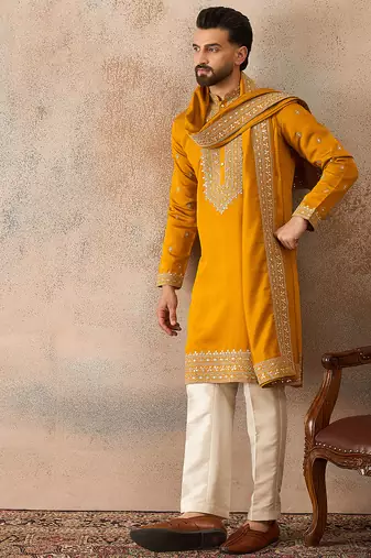Mens mustard silk blend solid embroidered kurta with dupatta