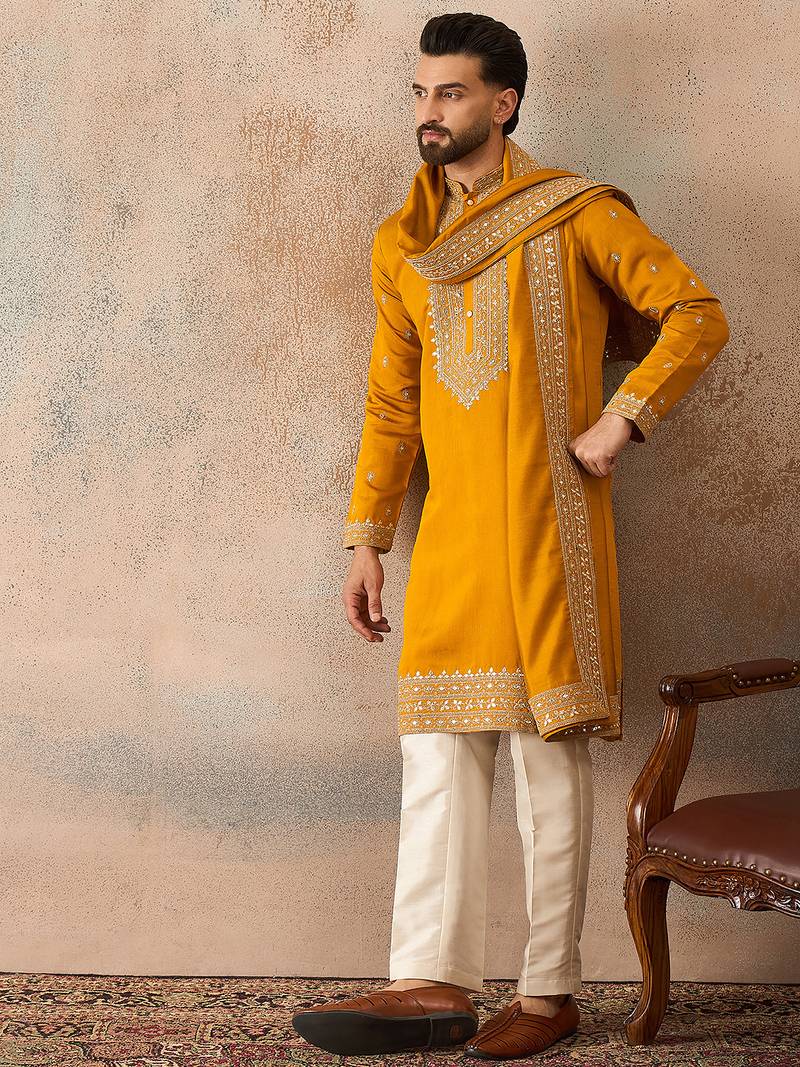 Mens mustard silk blend solid embroidered kurta with dupatta