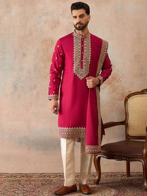 Mens pink silk blend solid embroidered kurta with dupatta 2