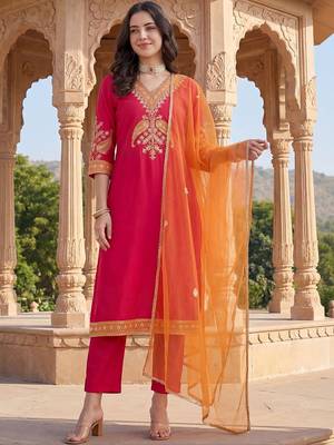 Women Ethnic Motifs Embroidered Regular Thread Work Kurta with Trousers & With Dupatta 1