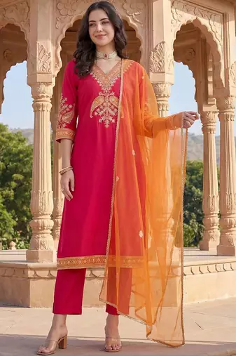Women Ethnic Motifs Embroidered Regular Thread Work Kurta with Trousers & With Dupatta