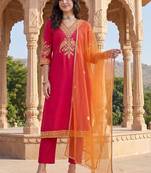 Women Ethnic Motifs Embroidered Regular Thread Work Kurta with Trousers & With Dupatta