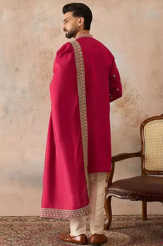 Mens pink silk blend solid embroidered kurta with dupatta