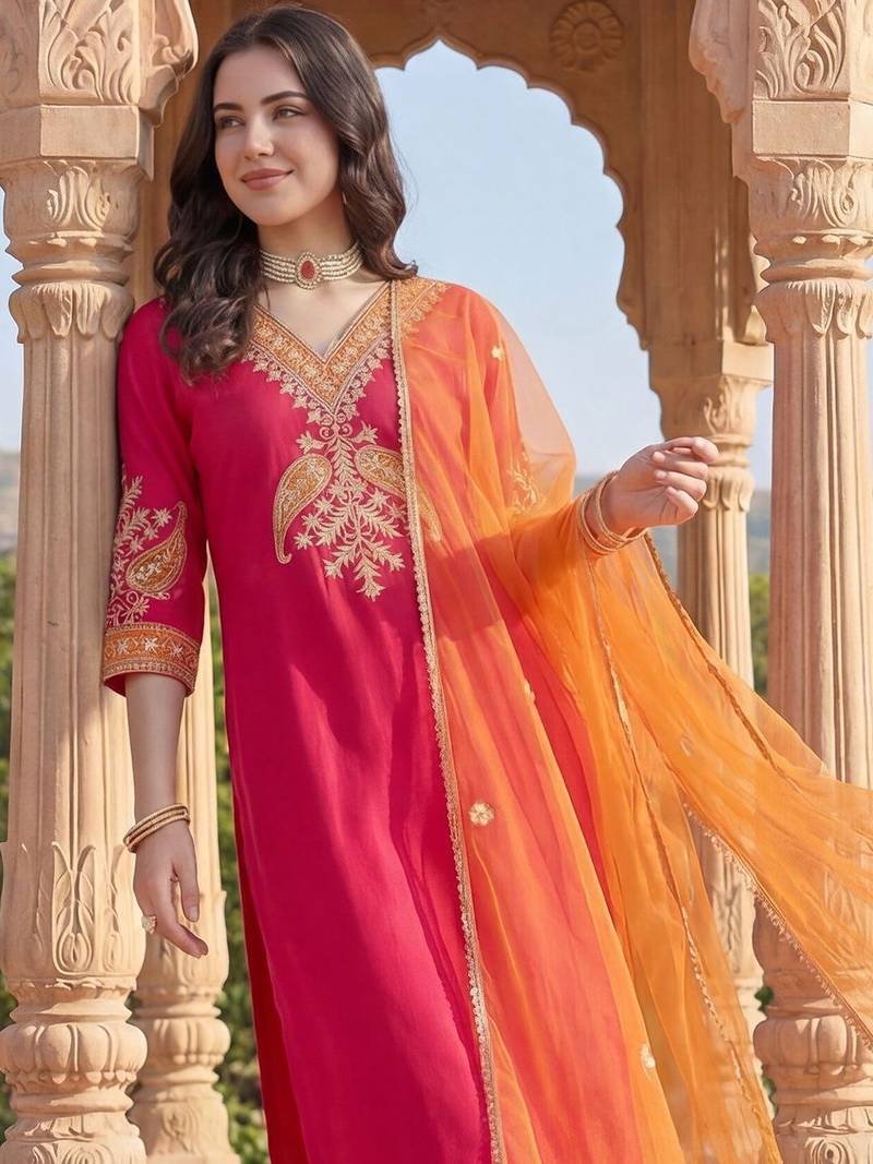 Women Ethnic Motifs Embroidered Regular Thread Work Kurta with Trousers & With Dupatta