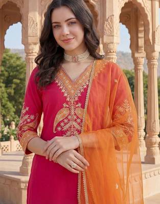 Women Ethnic Motifs Embroidered Regular Thread Work Kurta with Trousers & With Dupatta 4