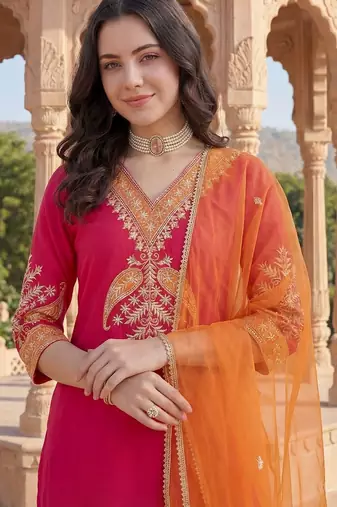 Women Ethnic Motifs Embroidered Regular Thread Work Kurta with Trousers & With Dupatta