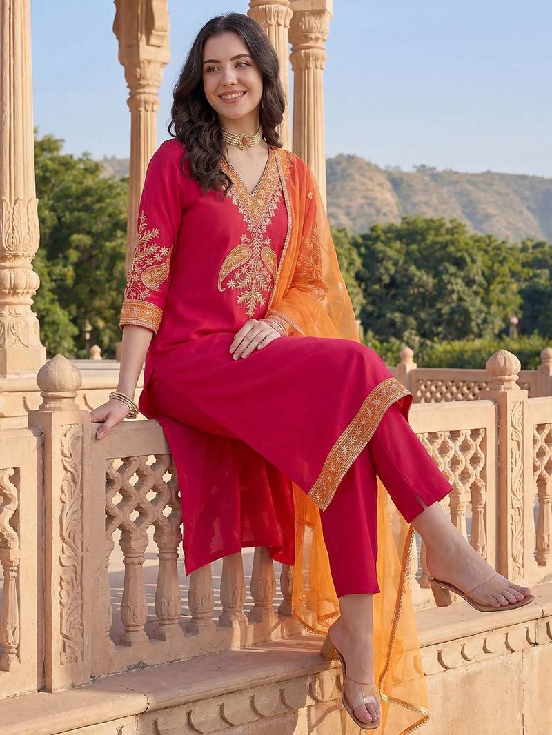 Women Ethnic Motifs Embroidered Regular Thread Work Kurta with Trousers & With Dupatta