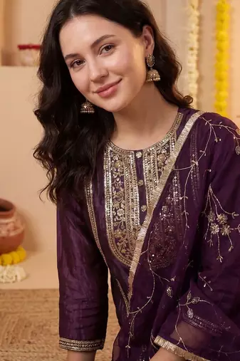 Women Ethnic Motifs Embroidered Regular Thread Work Kurta with Trousers & With Dupatta