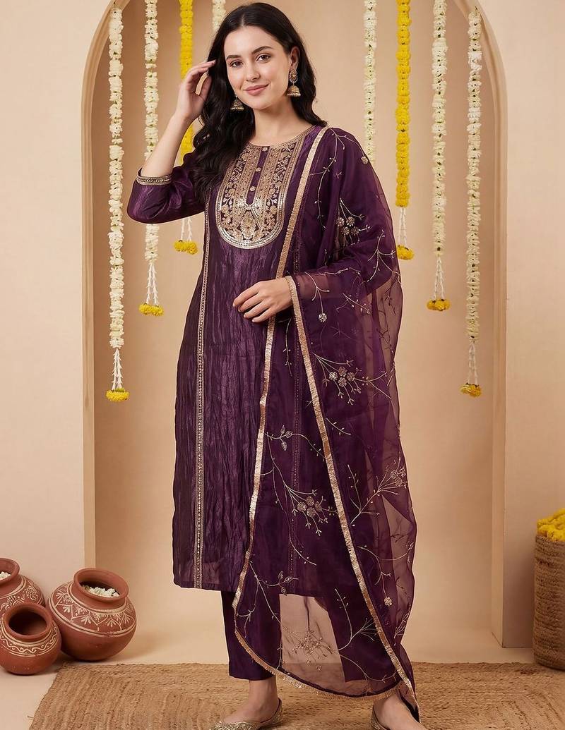 Women Ethnic Motifs Embroidered Regular Thread Work Kurta with Trousers & With Dupatta