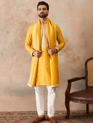 Mens yellow silk blend solid embroidered kurta with dupatta 2