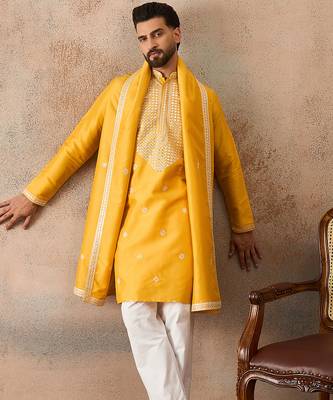 Mens yellow silk blend solid embroidered kurta with dupatta 5