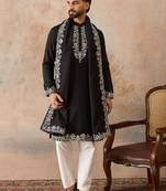 Mens black silk blend solid embroidered kurta with dupatta