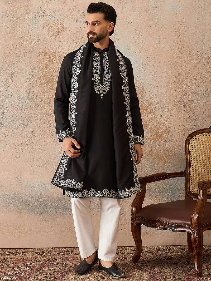 Mens black silk blend solid embroidered kurta with dupatta