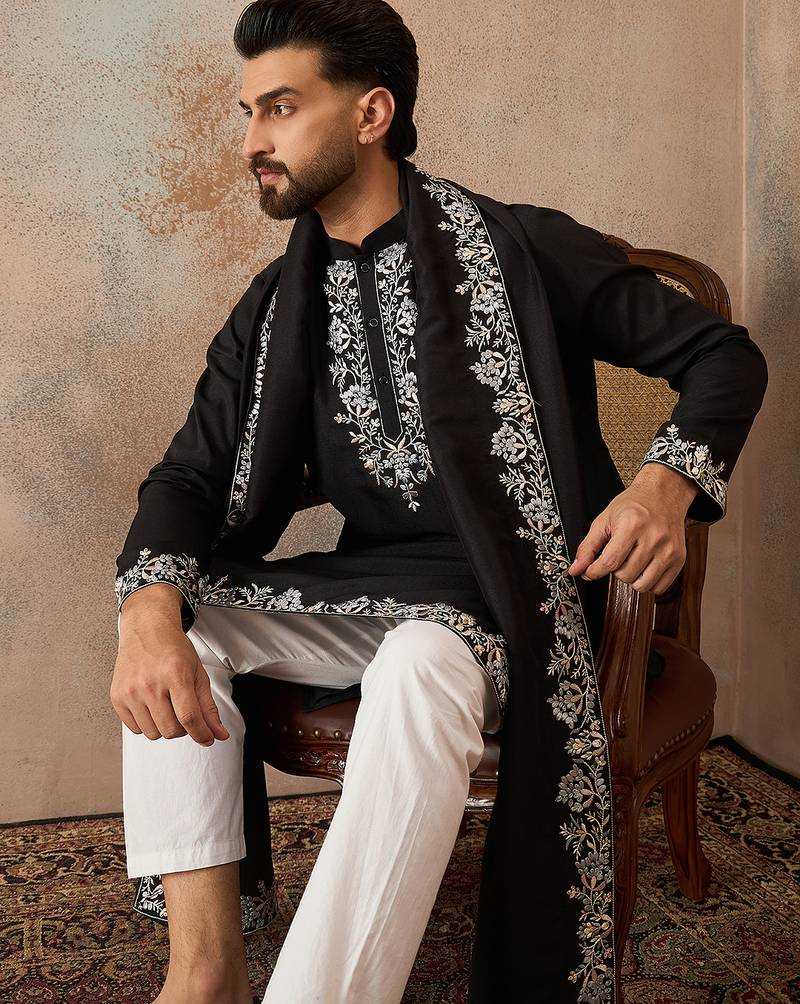 Mens black silk blend solid embroidered kurta with dupatta