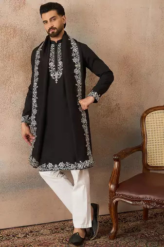 Mens black silk blend solid embroidered kurta with dupatta