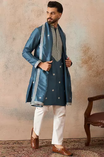 Mens blue silk blend solid embroidered kurta with dupatta