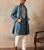 Mens blue silk blend solid embroidered kurta with dupatta