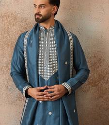 Mens blue silk blend solid embroidered kurta with dupatta