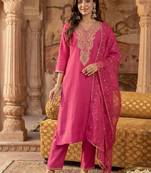 Women Ethnic Motifs Embroidered Regular Sequinned Liva Kurta with Trousers & With Dupatta