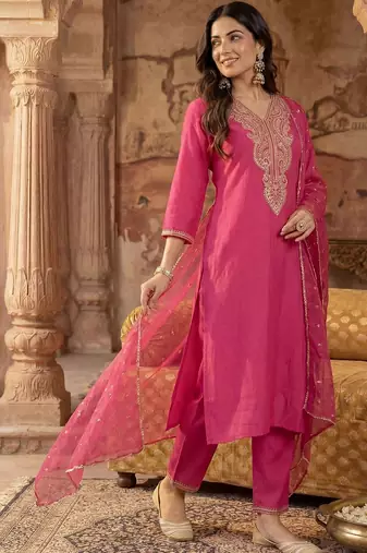 Women Ethnic Motifs Embroidered Regular Sequinned Liva Kurta with Trousers & With Dupatta