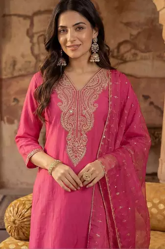 Women Ethnic Motifs Embroidered Regular Sequinned Liva Kurta with Trousers & With Dupatta