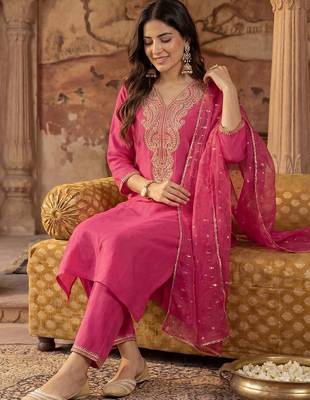 Women Ethnic Motifs Embroidered Regular Sequinned Liva Kurta with Trousers & With Dupatta 5