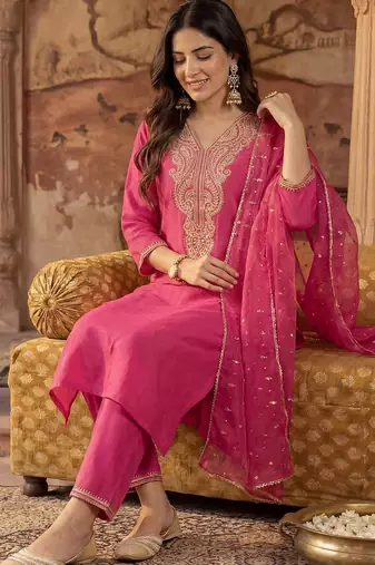 Women Ethnic Motifs Embroidered Regular Sequinned Liva Kurta with Trousers & With Dupatta
