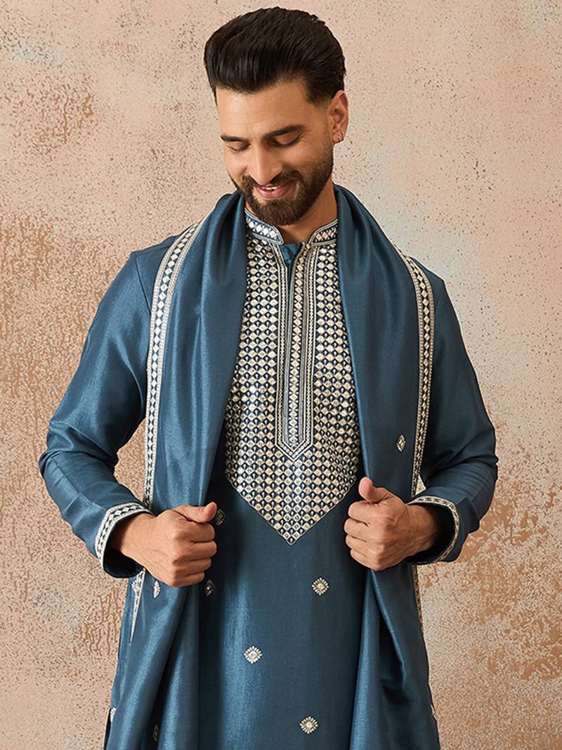 Mens blue silk blend solid embroidered kurta with dupatta