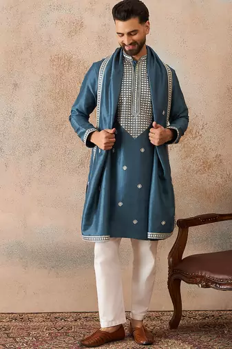 Mens blue silk blend solid embroidered kurta with dupatta