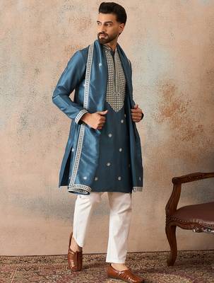 Mens blue silk blend solid embroidered kurta with dupatta 3
