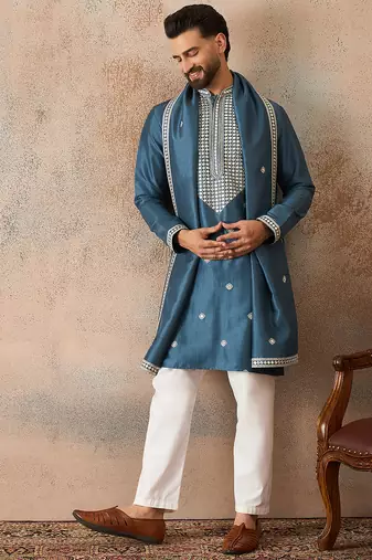 Mens blue silk blend solid embroidered kurta with dupatta