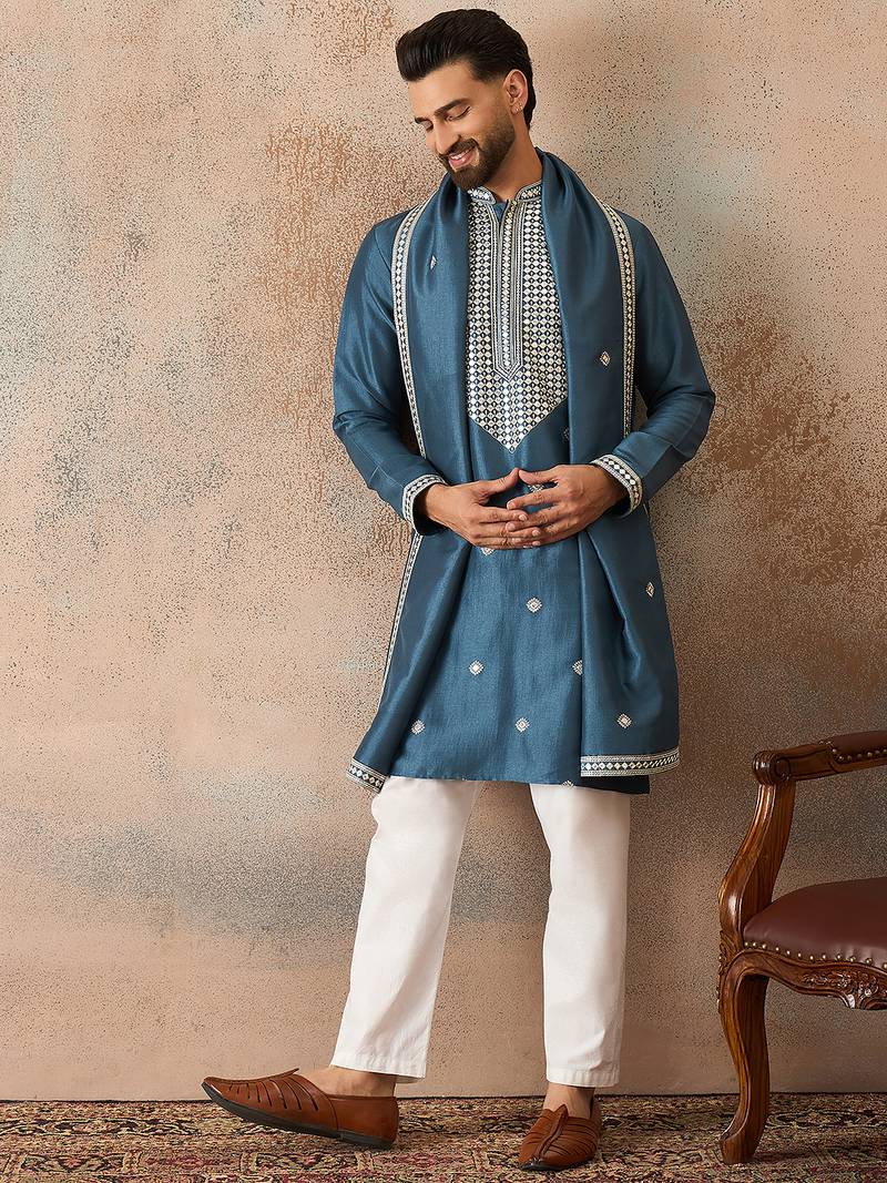 Mens blue silk blend solid embroidered kurta with dupatta