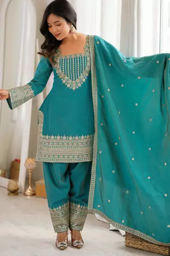 Women's Gorgeous Embroidery Work Vichitra Silk Fabric Straight Kurta Shalwar and Dupatta Set