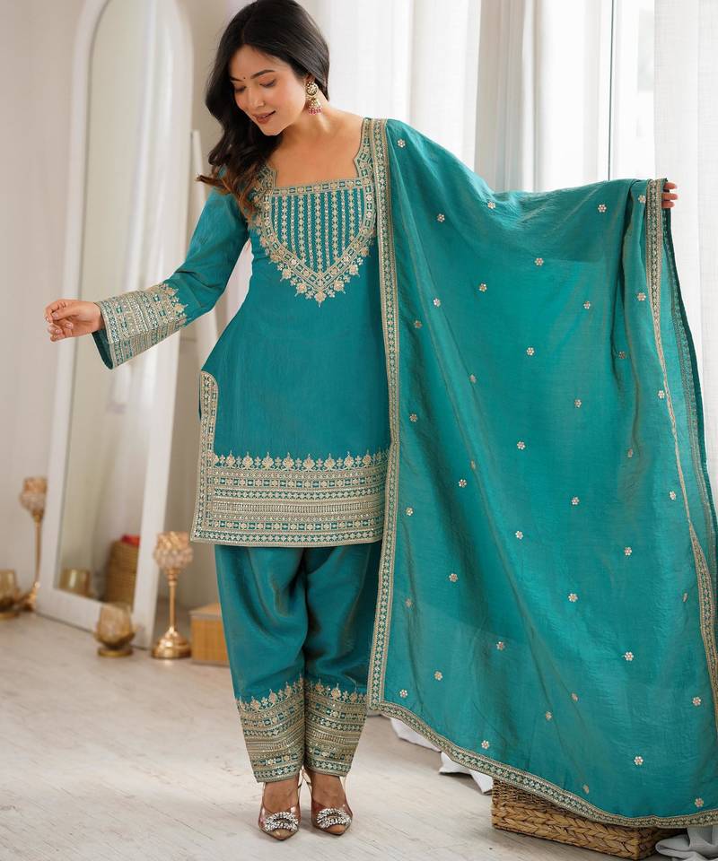 Women's Gorgeous Embroidery Work Vichitra Silk Fabric Straight Kurta Shalwar and Dupatta Set