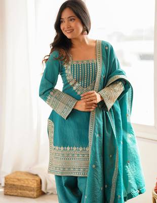Women's Gorgeous Embroidery Work Vichitra Silk Fabric Straight Kurta Shalwar and Dupatta Set 2