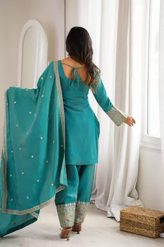 Women's Gorgeous Embroidery Work Vichitra Silk Fabric Straight Kurta Shalwar and Dupatta Set