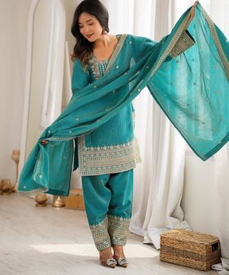 Women's Gorgeous Embroidery Work Vichitra Silk Fabric Straight Kurta Shalwar and Dupatta Set 5