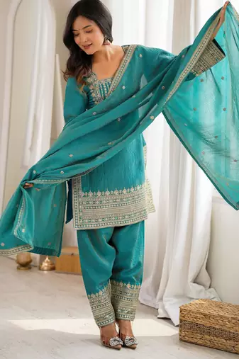 Women's Gorgeous Embroidery Work Vichitra Silk Fabric Straight Kurta Shalwar and Dupatta Set