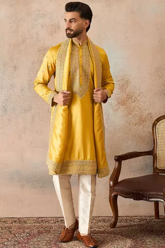 Mens yellow silk blend solid embroidered kurta and trouser with dupatta