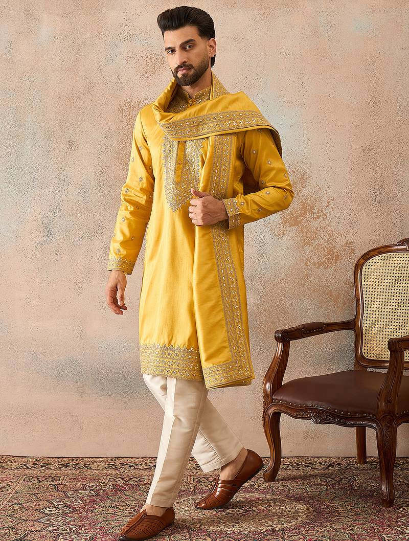 Mens yellow silk blend solid embroidered kurta and trouser with dupatta