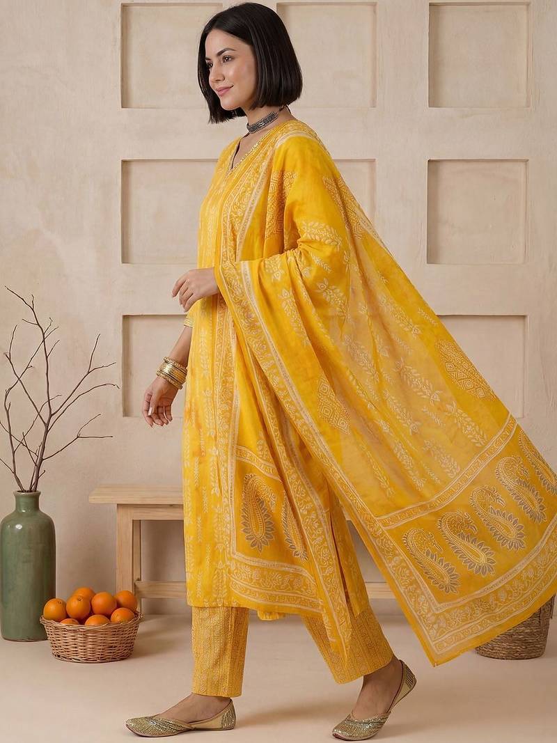 Women Printed Regular Chanderi Silk Kurta with Trousers & With Dupatta