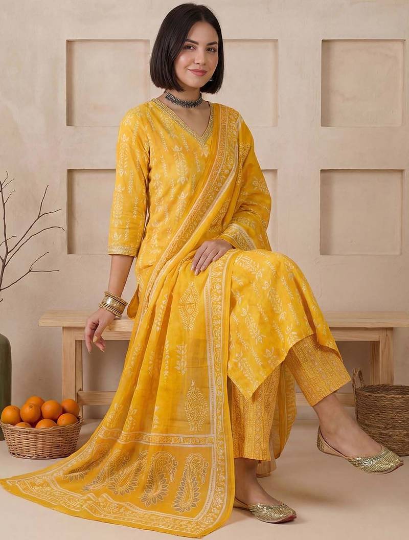 Women Printed Regular Chanderi Silk Kurta with Trousers & With Dupatta