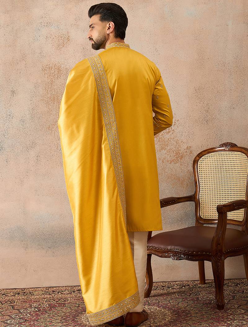 Mens yellow silk blend solid embroidered kurta and trouser with dupatta