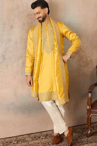 Mens yellow silk blend solid embroidered kurta and trouser with dupatta