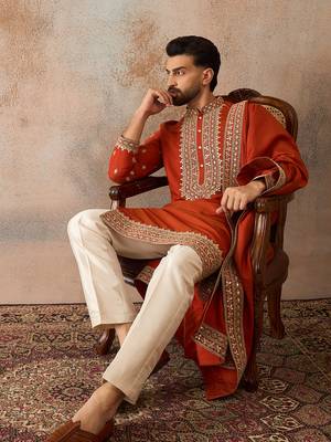 Mens orange silk blend solid embroidered kurta and trouser with dupatta 1