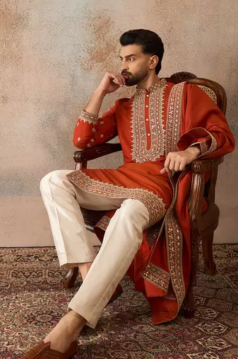 Mens orange silk blend solid embroidered kurta and trouser with dupatta