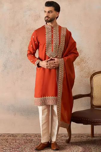 Mens orange silk blend solid embroidered kurta and trouser with dupatta